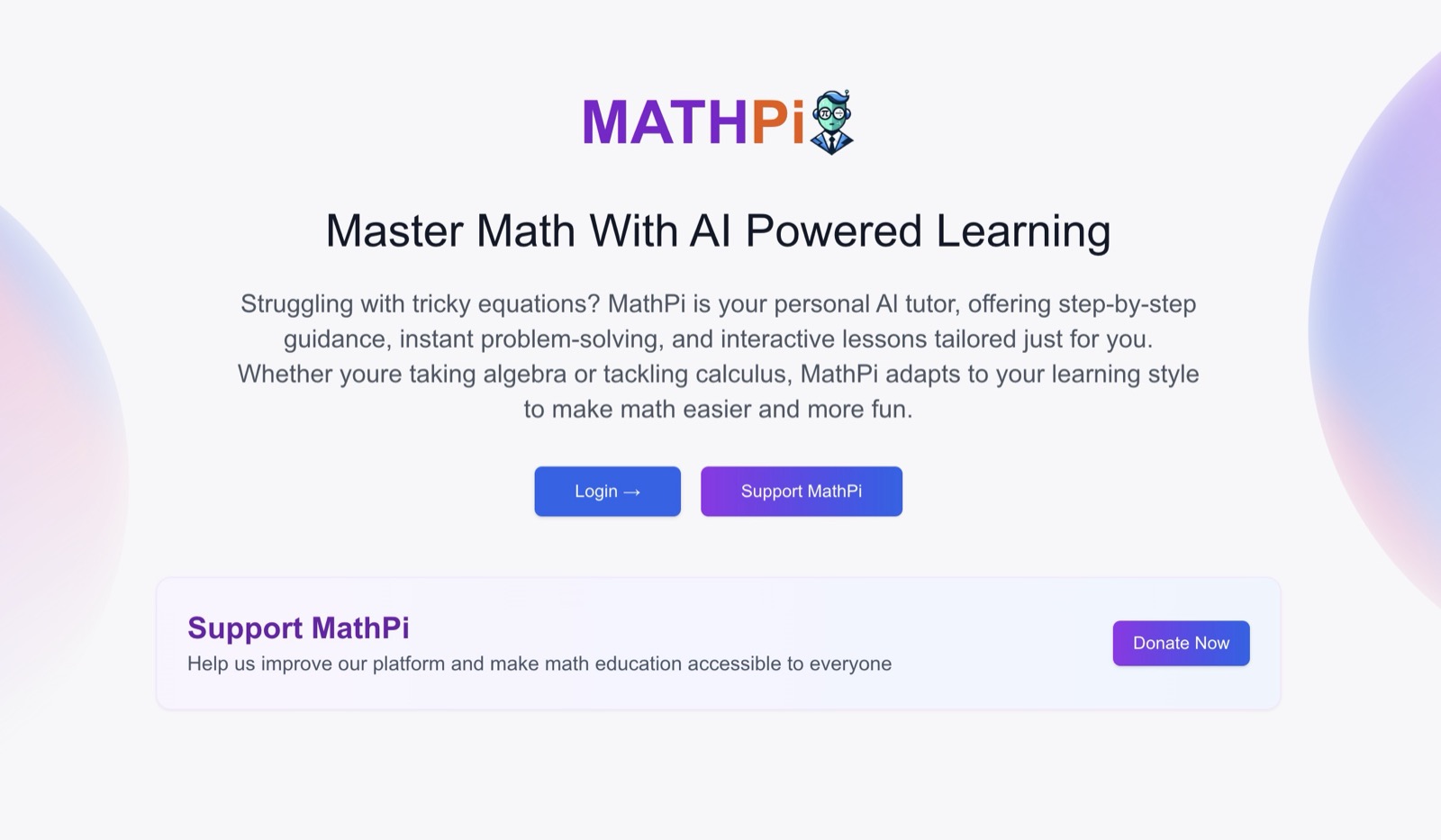 MathPi.ai - AI Math Tutoring SaaS. Built by Haider Bukhari.